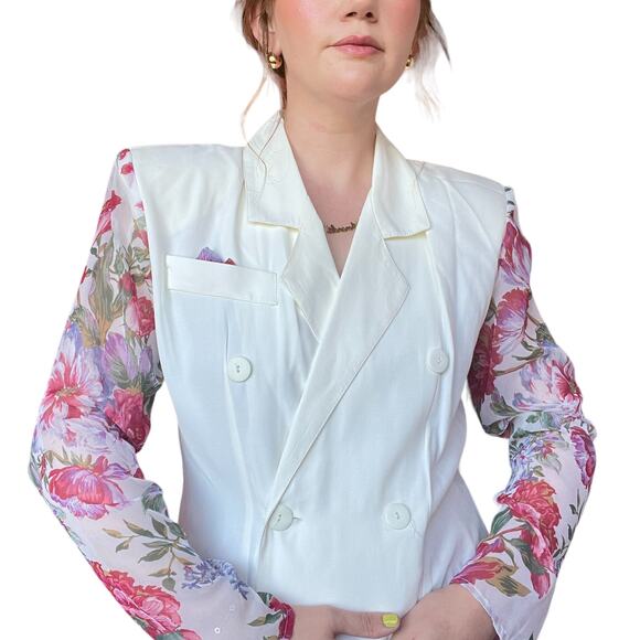 Vintage 70s cream and pink floral skirt and blazer suit set M - Picture 3 of 12